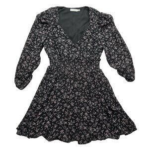 Lush Floral Smocked Mini Dress Black Pink Boho Cottagecore M